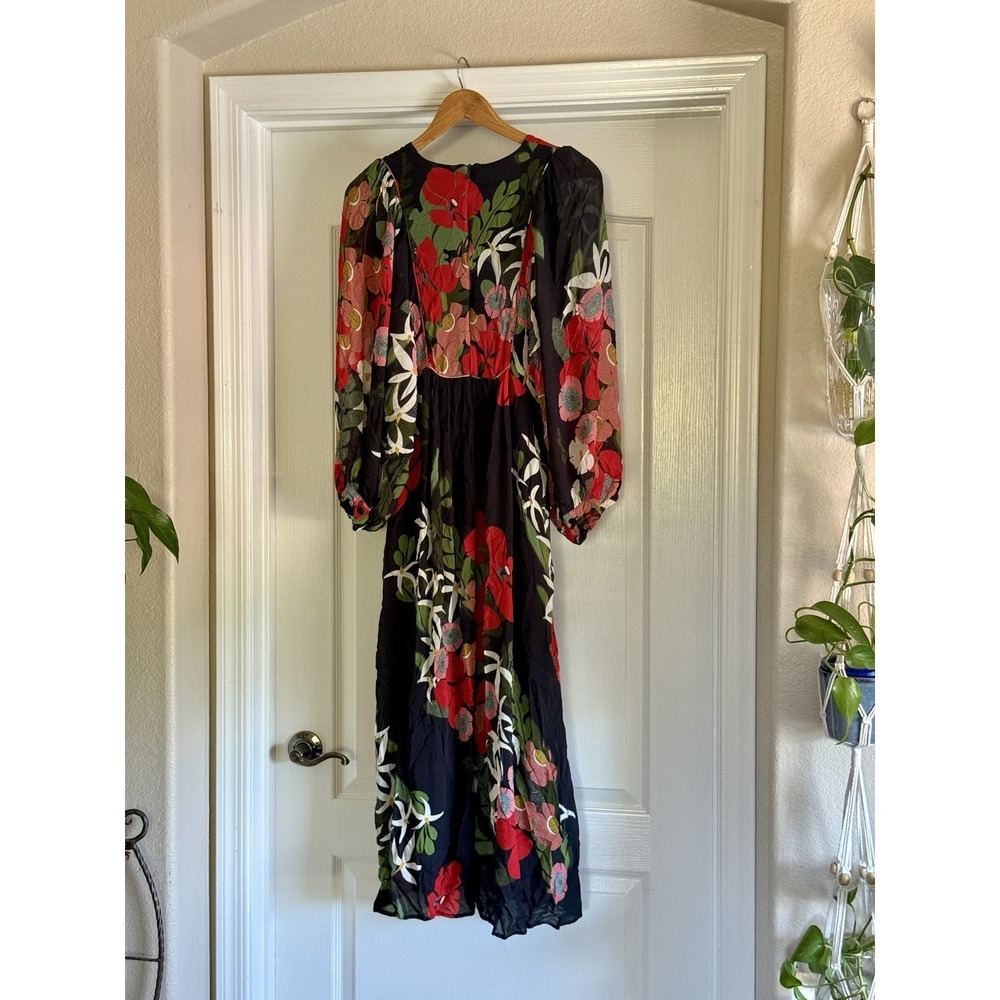 FARM RIO Anthropologie Floral Maxi Dress Black Red Long Sleeve XS - Picture 3 of 15